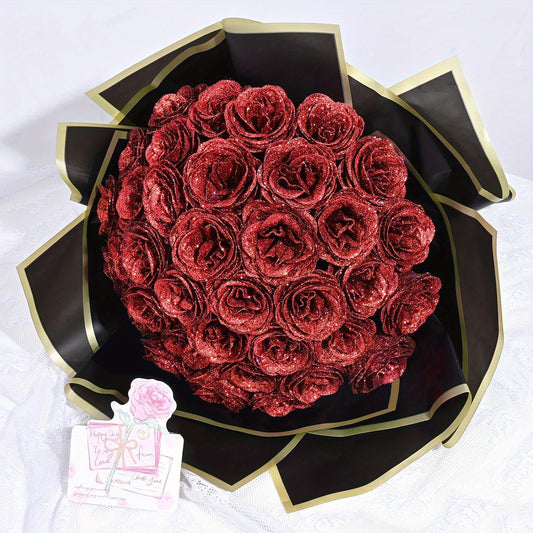 24/36pcs Glitter Roses Bouquet, DIY Fake Glitter Flowers Bouquet, Everlasting Shiny Artificial Red Rose Bouquet for Mothers Day Gifts, Anniversary, Engagement, Wedding Festival Gatherings and Home Decorations
