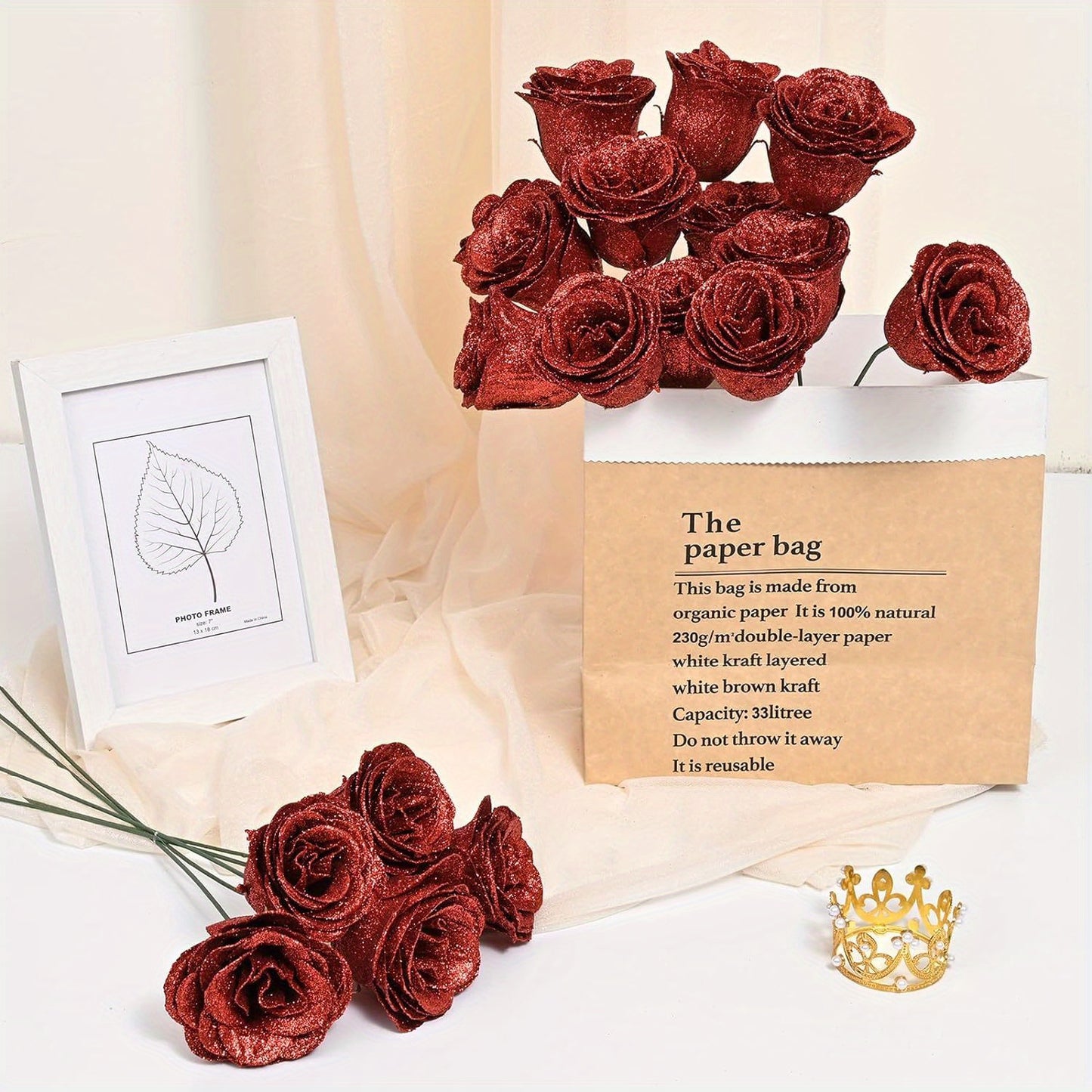 24/36pcs Glitter Roses Bouquet, DIY Fake Glitter Flowers Bouquet, Everlasting Shiny Artificial Red Rose Bouquet for Mothers Day Gifts, Anniversary, Engagement, Wedding Festival Gatherings and Home Decorations
