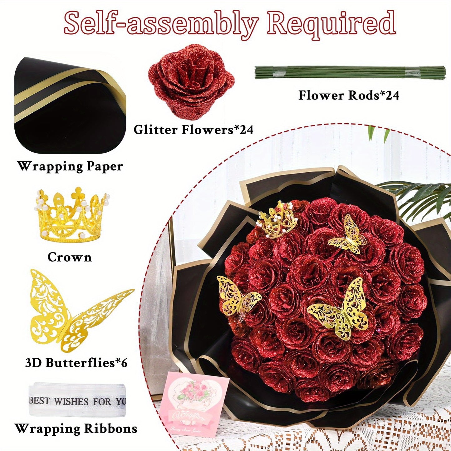 24/36pcs Glitter Roses Bouquet, DIY Fake Glitter Flowers Bouquet, Everlasting Shiny Artificial Red Rose Bouquet for Mothers Day Gifts, Anniversary, Engagement, Wedding Festival Gatherings and Home Decorations