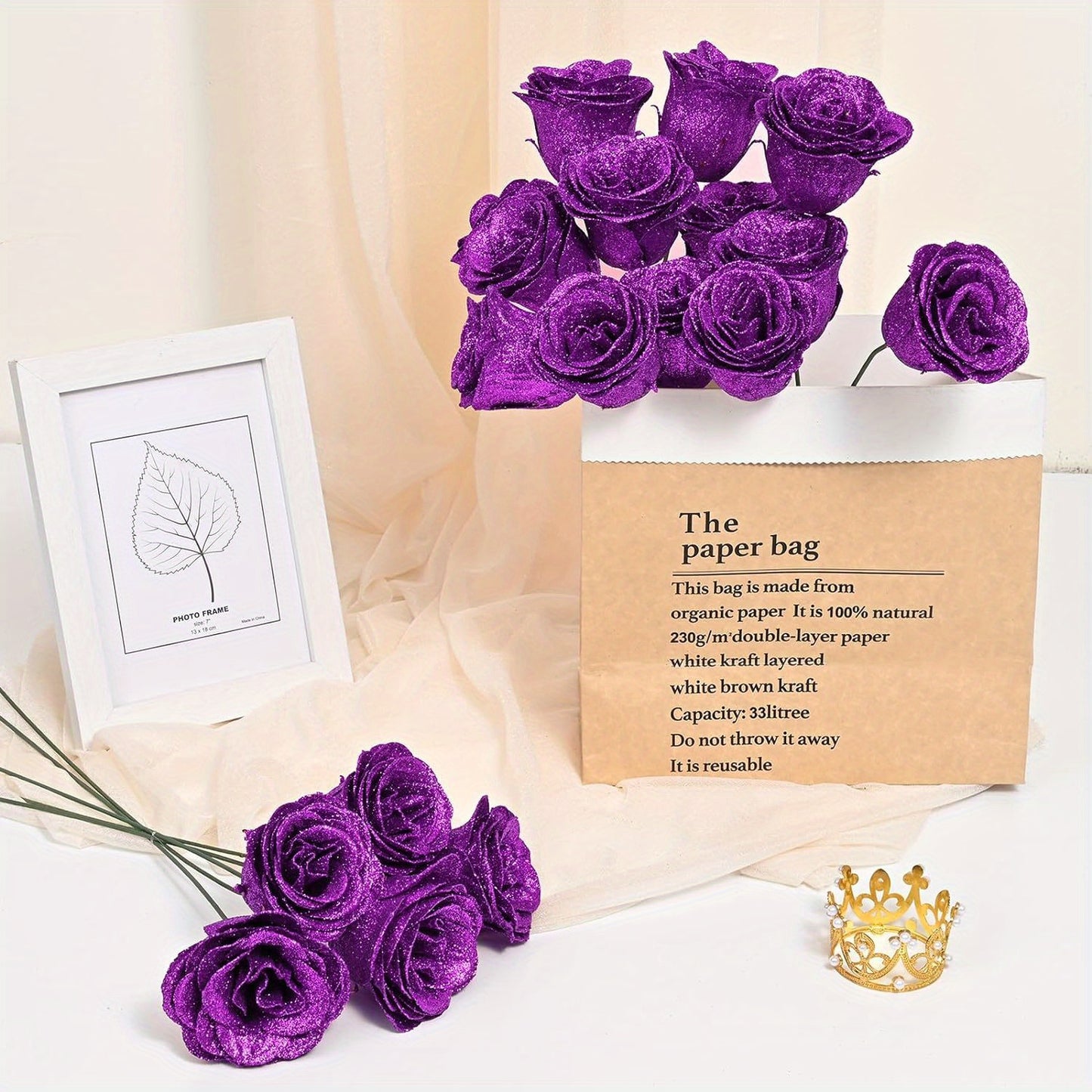 24/36pcs Glitter Roses Bouquet, DIY Fake Glitter Flowers Bouquet, Everlasting Shiny Artificial Red Rose Bouquet for Mothers Day Gifts, Anniversary, Engagement, Wedding Festival Gatherings and Home Decorations