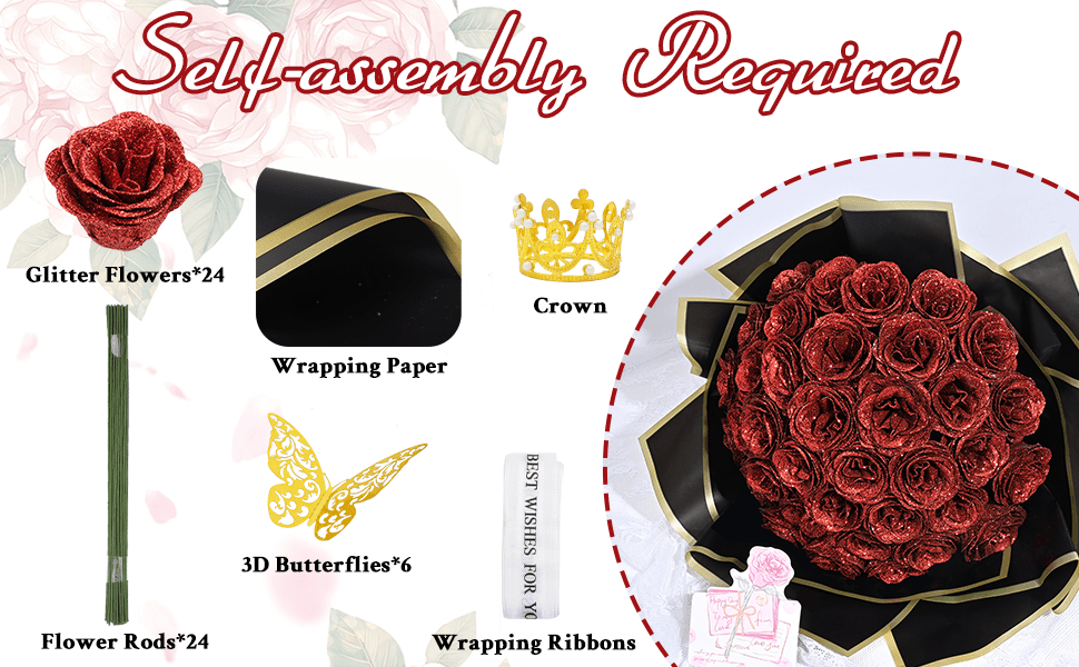 24/36pcs Glitter Roses Bouquet, DIY Fake Glitter Flowers Bouquet, Everlasting Shiny Artificial Red Rose Bouquet for Mothers Day Gifts, Anniversary, Engagement, Wedding Festival Gatherings and Home Decorations