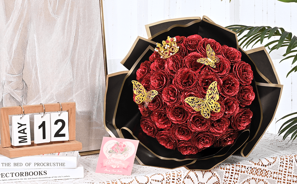 24/36pcs Glitter Roses Bouquet, DIY Fake Glitter Flowers Bouquet, Everlasting Shiny Artificial Red Rose Bouquet for Mothers Day Gifts, Anniversary, Engagement, Wedding Festival Gatherings and Home Decorations