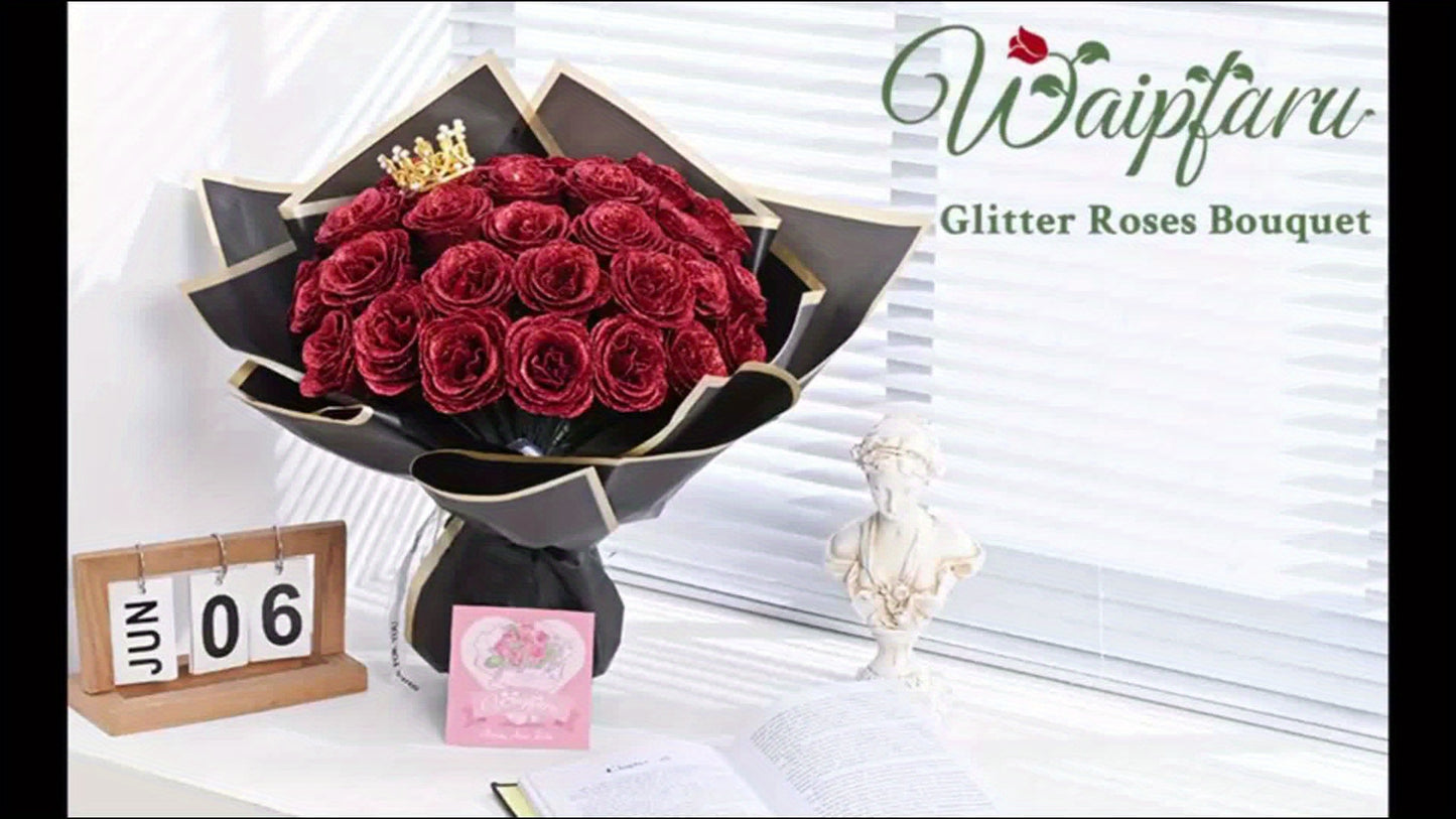 24/36pcs Glitter Roses Bouquet, DIY Fake Glitter Flowers Bouquet, Everlasting Shiny Artificial Red Rose Bouquet for Mothers Day Gifts, Anniversary, Engagement, Wedding Festival Gatherings and Home Decorations